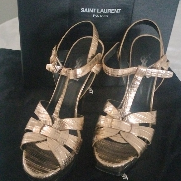 YSL metallic Gold Lizard Embossed Leather Tribute Ankle Strap Platform heels - Picture 12 of 16